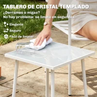 Outsunny Conjunto de Jardín Exterior de 3 Piezas de Acero Galvanizado con 2 Sillas y Mesa de Vidrio Templado Blanco(m-7)