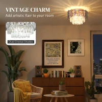 HOMCOM Chandelier Ceiling Light, 3-Light Flush Mount Fixture with Dual Crystal and Smoke Glass Shade, 40 cm LED Ceiling Light for Living Room Bedroom, 3 E14 Sockets, Bulbs Not Included, Gold Tone(m-4)