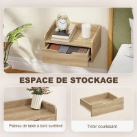 HOMCOM Lot de 2 tables de chevet murales, tables de nuit avec tiroir et plateau à rebords surélevés, 40x30x19,5cm, bois naturel(m-6)