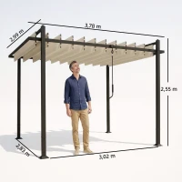Outsunny Pérgola de Jardim 3x3,8 m com Toldo Corrediço Ajustável a 90° Manivela, Estrutura de Alumínio e Aço UPF50+ Bege(m-3)