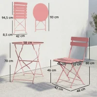 Outsunny Ensemble Bistrot de Jardin 3 Pièces Table et 2 Chaises Pliantes à Lattes Double Protection Antirouille Rose(m-3)