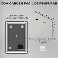 HOMCOM Espelho Casa de Banho com Luzes LED 70x100 cm Função Antiembaciamento 3 Temperaturas de Cor Ajustável e Função de Memória Prata(m-9)