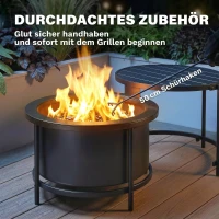 Outsunny Feuerschale 66 x 63 x 41 cm Rund Feuerstelle mit Grillrost Schürhaken Deckel Ständer Schwarz(m-8)