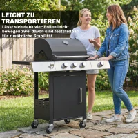 Outsunny Gasgrill 10,5 KW 3+1 Brenner BBQ Grillwagen Edelstahl inkl Seitenbrenner Flaschenöffner Thermometer Gusseisen-Grillrost(m-8)