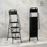 HOMCOM Escada Dobrável com 4 Degraus Apoio para os Braços e Suporte para Ferramentas 50x83x157,5 cm Preto(m-3)