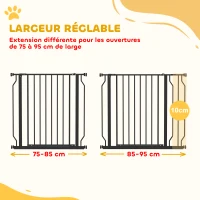 PawHut Barrière de sécurité barrière pour animal domestique longueur réglable sans perçage en acier et ABS 75-95 x 76 cm noir(m-4)