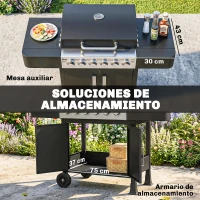 Outsunny Barbacoa de Gas con 6 Quemadores Termómetro Parrilla Mesas Laterales Armario y Ruedas 135x51x101 cm Negro(m-7)