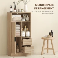 HOMCOM Meuble de salle de bain, meuble de rangement étroit avec 2 tiroirs, compartiments ouverts, 50x25x100cm, bois naturel(m-4)