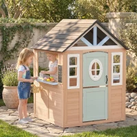 AIYAPLAY Cabane enfant extérieur en bois, maison enfant extérieure avec chatière, cuisine de jeu, porte et fenêtres, bois naturel(m-6)