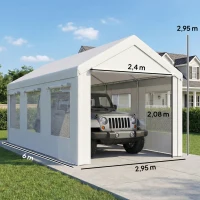Outsunny Garaje Exterior para Coche 3x6 m Impermeable de PE Resistente Marco de Acero Galvanizado Altura Ajustable Blanco(m-3)