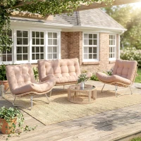 Outsunny Set de muebles de jardín 4 piezas Poliratán Lounge con sofá 2 plazas, 2 sillones, mesa de cristal, asiento ancho y profundo, cojines gruesos(m-2)