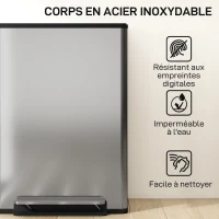 HOMCOM Poubelle à double compartiment 2 x 30L, poubelle cuisine à pédale, couvercle à fermeture douce, 47,5x37,5x67cm, argent(m-6)
