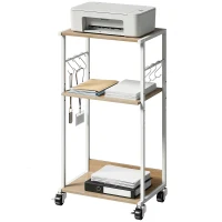 HOMCOM Suporte para Impressora de 3 Níveis com Rodas, Móvel com Ganchos e Estrutura Metálica 43x30x82 cm Madeira(m-11)