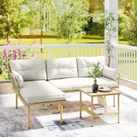 Outsunny Conjunto de Jardim Exterior em Vime com 1 Sofá de Dois Lugares 1 Espreguiçadeira e 1 Mesa de Centro Madeira e Creme(m-7)