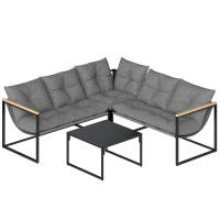Outsunny Conjunto de Jardim Exterior com Almofadas Espessas, 2 Sofás de 2 Lugares, Sofá de Canto e Mesa de Centro com Vidro, Cinzento