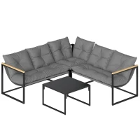 Outsunny Conjunto de Jardim Exterior com Almofadas Espessas, 2 Sofás de 2 Lugares, Sofá de Canto e Mesa de Centro com Vidro, Cinzento(m-1)