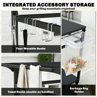 Outsunny Wózek kuchenny z kółkami, 2-poziomowy wózek serwisowy z uchwytem na worek na śmieci, haczykami, uchwytami, 113 x 50,5 x 88 cm czarny(m-5)