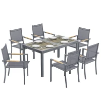 Outsunny Salon de Jardin Ensemble Mobilier de Jardin 7 Pièces Table Effet Bois 6 Chaises Empilables en Textilène 140x80x72cm Gris(m-11)