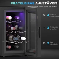 HOMCOM Cave para Vinhos com Refrigeração Termoelétrica Dupla Temperatura Ajustável 8-18℃ Porta de Vidro Anti-UV Ecrã LED Tátil Luz Interior 26,5x51,5x47,5 cm Preto(m-6)