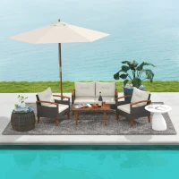 Outsunny Ensemble salon de jardin 4 pièces en rotin PE canapé 2 places 2 fauteuils coussins et plateau en bois d'acacia crème(m-10)