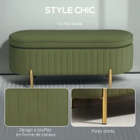 HOMCOM Banc de rangement, bout de lit en velours avec couvercle, pieds en métal, capacité 72 L, 108x44x43,5cm, vert foncé(m-5)