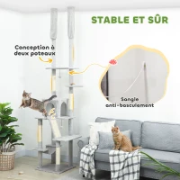 PawHut Arbre à chat du sol au plafond griffoir pour chat hauteur réglable 225-255 cm 6 niveaux avec niche hamac gris clair(m-4)