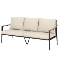 Outsunny Gartensofa 3-Sitzer Rattan Loungesofa mit abnehmbar Kissen Holzoptik-Armlehnen Stahlrahmen Khaki(m-10)