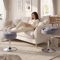 HOMCOM Tabouret de coiffeuse en velours, tabouret de maquillage pivotant avec rangement, hauteur réglable de 49-65 cm, gris(m-8)