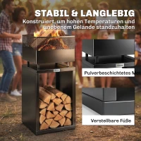 Outsunny Feuerschale 39 x 39 x 87 cm Feuerstelle mit Holzlager Kohlegitter verstellbaren Füßen, Schwarz(m-7)