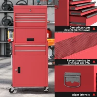 HOMCOM Carrinho de Ferramentas com 6 Gavetas Rodas Painel Lateral Perfurado e Caixa de Ferramentas Desmontável 60,5x33,5x131 cm Vermelho(m-8)