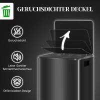 HOMCOM Mülleimer mit 2x30L Fächern, Soft-Close-Deckel, Fingerabdrucksicher, Edelstahl, Schwarz(m-6)