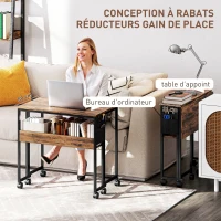 HOMCOM Bureau pliable sur roulettes 80 x 50 cm avec étagère et sac de rangement, brun rustique(m-4)