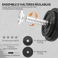 SPORTNOW Ensemble d'haltères 2-en-1 20kg poids réglable kit haltères musculation barre d'extension poignée antidérapante noir(m-4)