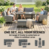 Outsunny 9 Seater Rattan Garden Furniture Corner Sofa Set, Outdoor Dining Set with Faux Wood Table, Ottoman, Cushions, Dark Grey(m-8)