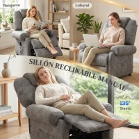 HOMCOM Sillón Relax Reclinable Manual hasta 135º con Reposabrazos Reposapiés Acolchado Grueso Gris(m-4)