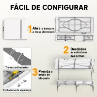 Outsunny Conjunto de Campismo Dobrável com Mesa e Bancos Alças 180x74x74 cm e 182x28x42 cm Branco(m-4)