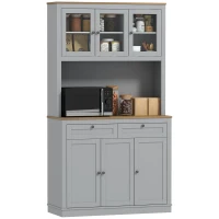 HOMCOM Alacena de Cocina con 3 Puertas de Vidrio Compartimento Abierto 2 Cajones y Estantes Ajustables 100x40x180 cm Gris(m-10)
