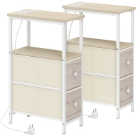 HOMCOM Conjunto de 2 Mesas Auxiliares com Tomada Mesas Auxiliares Estreitas com Tomada AC Porta USB Porta USB-C 2 Gavetas Madeira e Branco