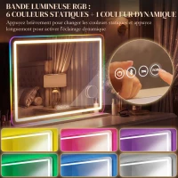 HOMCOM Miroir maquillage lumineux 80x60cm, miroir coiffeuse LED dimmable, lumière RGB, 3 températures de couleur, blanc(m-6)