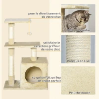 PawHut Arbre à chat tour de jeux pour chats poteaux en sisal, 2 plate-forme, niche, balle, tissu peluche, 50x30x81,5cm, beige(m-5)