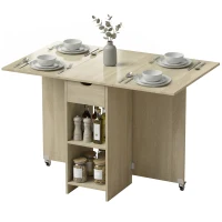 HOMCOM Mesa de comedor plegable para 2-4 personas, mesa con ruedas y compartimento abierto y cajón, ideal para espacios pequeños, natural(m-7)