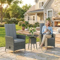 Outsunny Rattan Bistro Set, Reclining Garden Chairs and Glass Coffee Table with Cushions for Patio Balcony Porch, Grey(m-2)