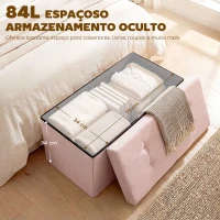 HOMCOM Puff de Arrumação Banco Dobrável 84 L 76x38x38 cm Estofado em Linho Sintético, Baú de Arrumação Rosa(m-4)