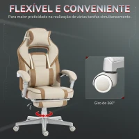 HOMCOM Cadeira Gamer Reclinável com Altura Ajustável Apoio para Pés Retrátil Suporte Lombar e Almofada de Cabeça Removível Creme(m-6)