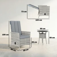 Outsunny Rattan Bistro Set, Reclining Garden Chairs and Glass Coffee Table with Cushions for Patio Balcony Porch, Light Grey(m-3)