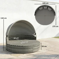 Outsunny Bain de soleil rond, lit de jardin extérieur modulable 3 PSC en résine tressée avec auvent rétractable, gris clair(m-3)