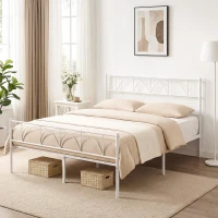 HOMCOM Cama de Casal com Cabeceira de Ripas de Aço e Espaço de Arrumação Debaixo da Cama Carga 330 kg 161,5x208x98 cm Branca(m-9)