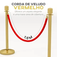 HOMCOM Conjunto de 2 Postes Separadores em Aço Inoxidável com Corda de Veludo Vermelho de 1,5 m e Base Preenchível Dourado(m-5)