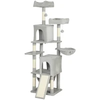 PawHut Arbre à chat tour de jeux pour chat 3 platesformes 2 niches 2 lits 2 hamacs 1 échelle hauteur 177 cm gris clair(m-1)