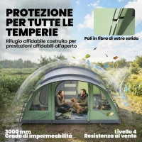 Outsunny Grande Tenda Multi-Stanza per 2-4 Persone, con Finestre e Veranda, Verde(m-6)